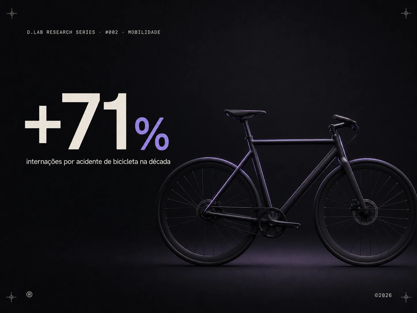 Capa do estudo D.Lab #002 · Mobilidade: +71% de internações por acidente de bicicleta na década, com uma bicicleta sobre fundo escuro